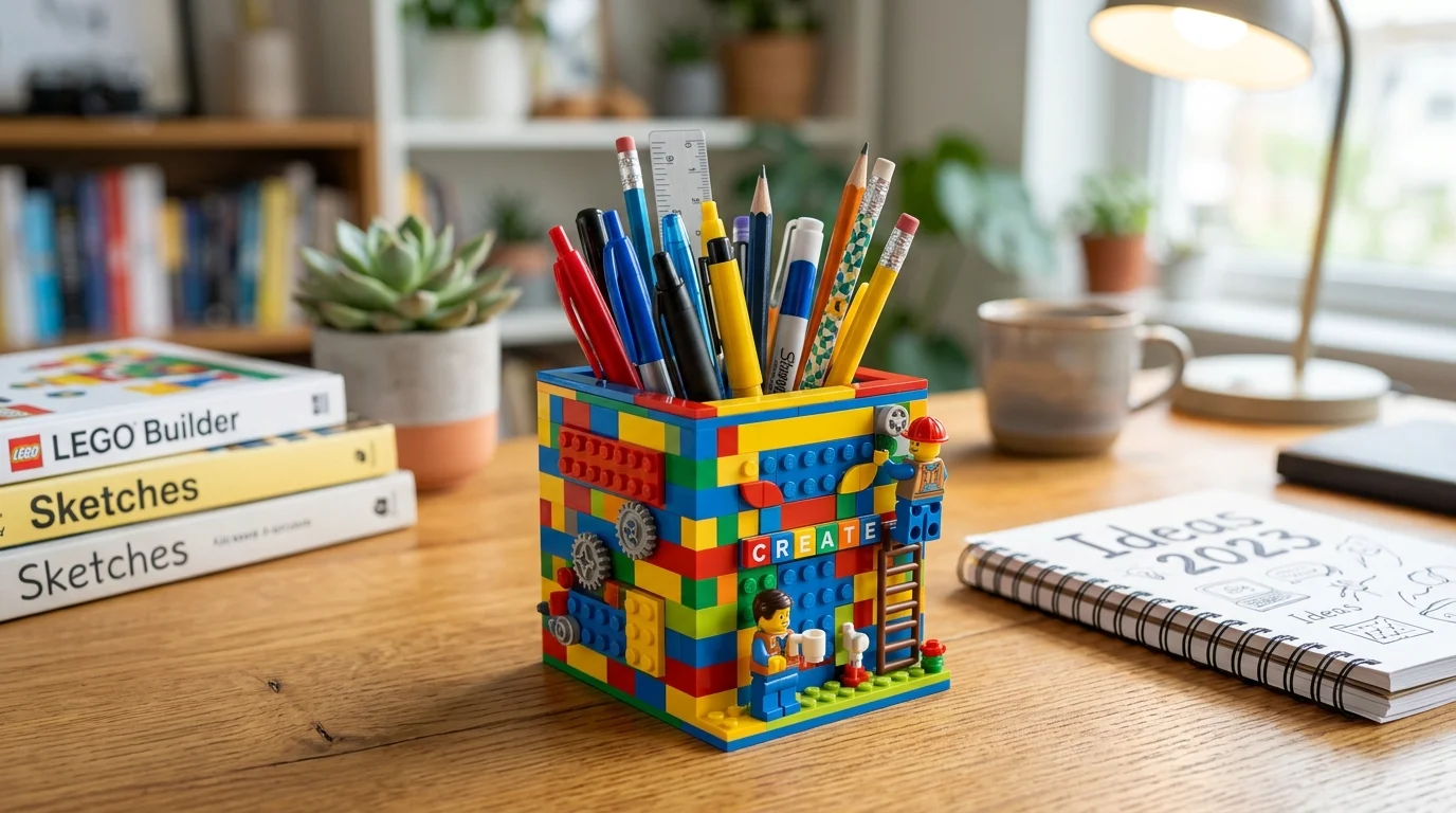 A playful pen holder made from LEGO bricks in a square container shape, bright primary colors, fun and creative design, well-lit desk environment, slightly elevated angle, no people