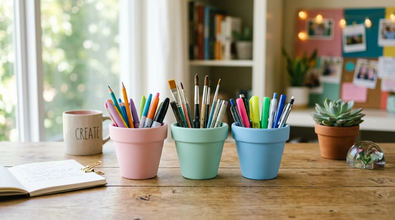 A DIY pen holder using small terracotta pots painted in pastel colors, arranged neatly on a desk, soft matte textures, cheerful styling, natural daylight, front-facing composition, no people