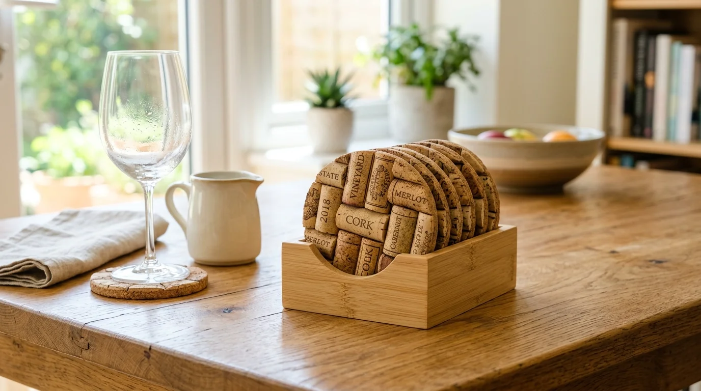 A set of wine cork coasters arranged neatly on a table with a simple holder bright lighting functional eco friendly decor no people