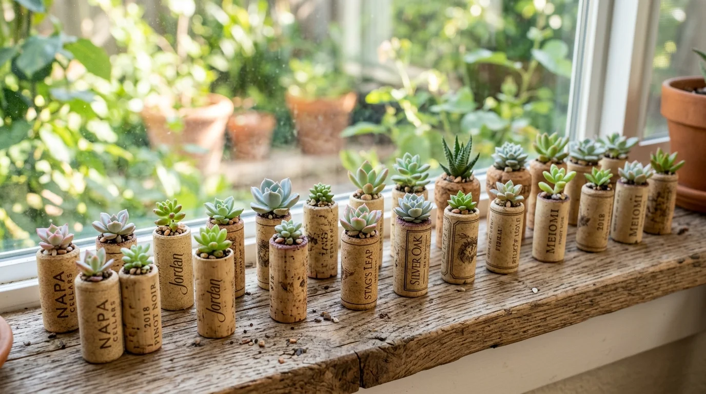 A wine cork plant holder with small succulents inserted into hollowed corks bright natural light charming mini garden idea no people