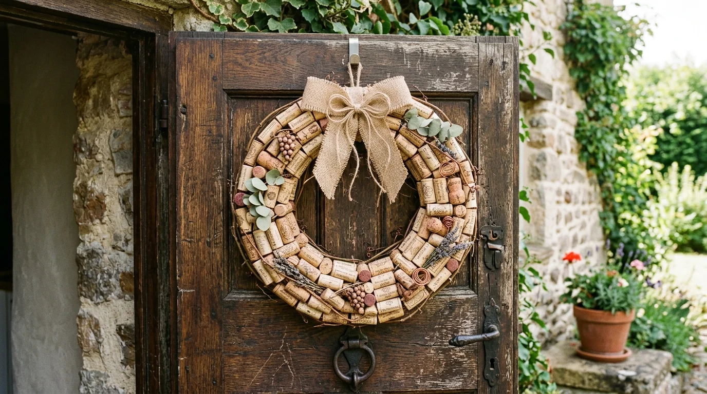 A decorative wine cork wreath hung on a door with rustic accents bright natural daylight unique sustainable decor no people