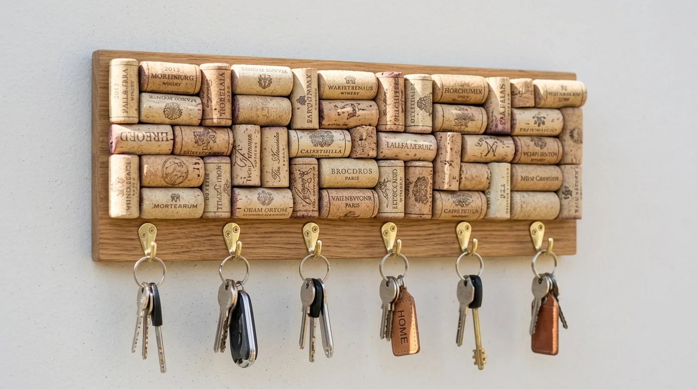 A wine cork key holder board with hooks attached for keys bright lighting practical DIY storage solution no people