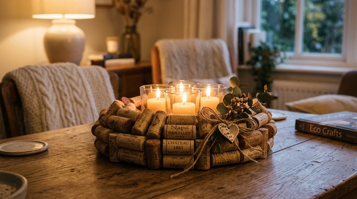 A wine cork candle holder arrangement placed on a table warm soft lighting cozy eco friendly craft no people