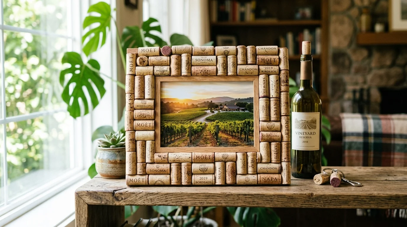 A wine cork photo frame with corks glued around the border bright natural light creative personalized decor no people