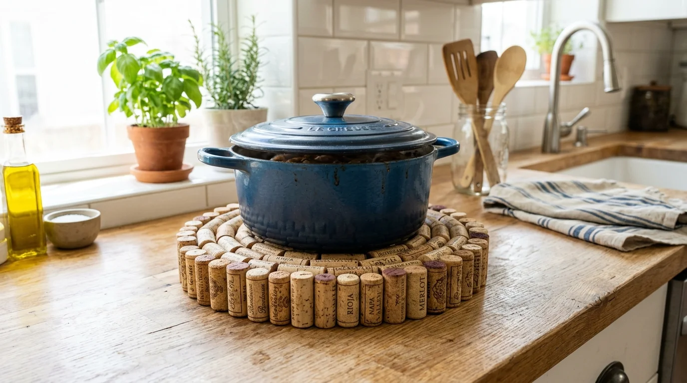 A wine cork trivet placed on a kitchen counter bright lighting heat resistant functional DIY piece no people