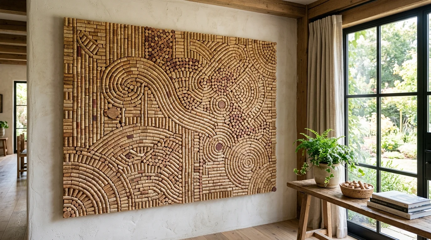 A wine cork wall art design arranged in patterns bright natural daylight artistic sustainable display no people