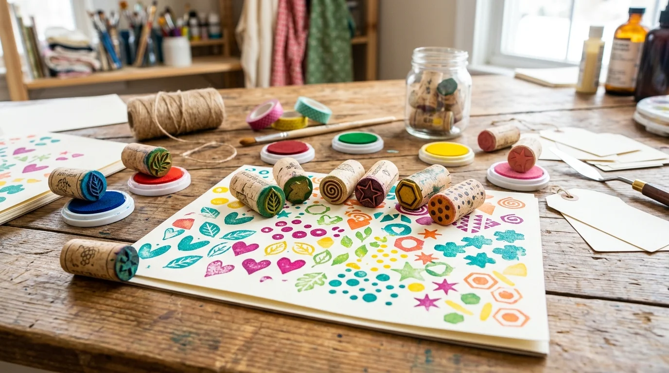 A wine cork stamp set used for crafting patterns on paper bright lighting fun creative project no people