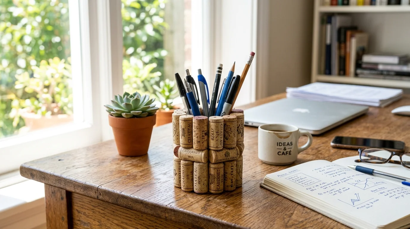 A wine cork pen holder placed on a desk bright natural light practical upcycled office decor no people