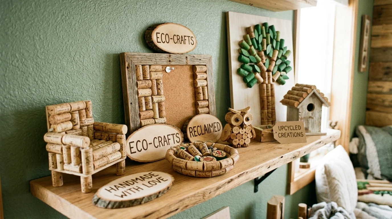 A collection of wine cork crafts displayed together on a shelf bright natural daylight eco friendly creative showcase