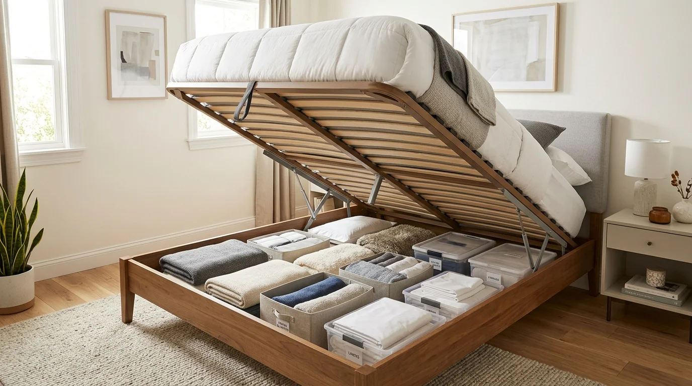 A bed with a lift up frame revealing large hidden storage space for linens and items bright lighting smart space saving solution no people