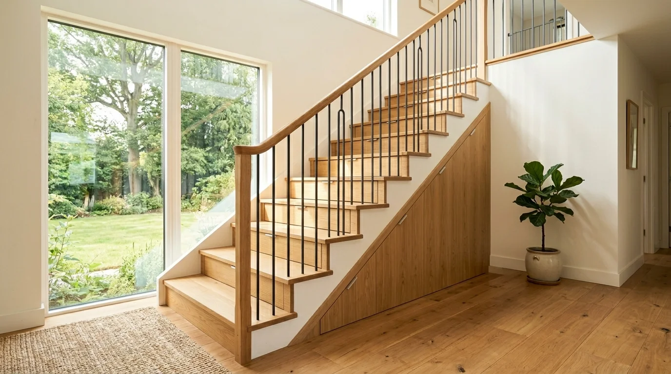 A staircase with built in drawers under each step bright natural light efficient hidden storage design no people