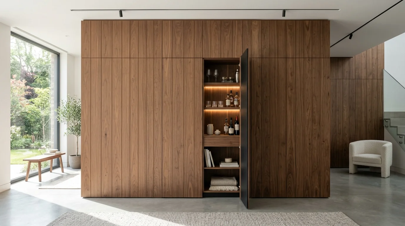 A wall with a hidden cabinet disguised as paneling bright lighting seamless integrated storage no people