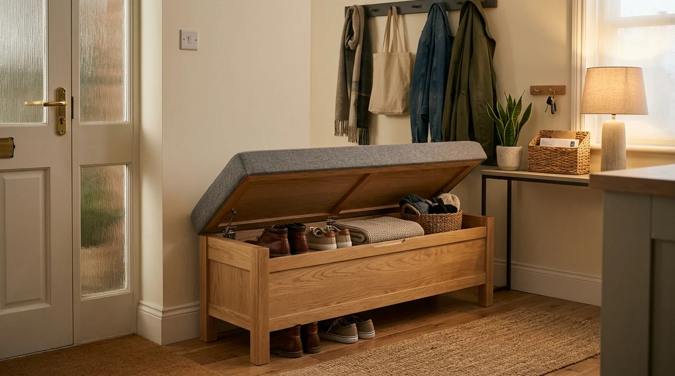 A bench with a lift up seat concealing storage underneath placed in an entryway warm soft lighting functional tidy solution no people