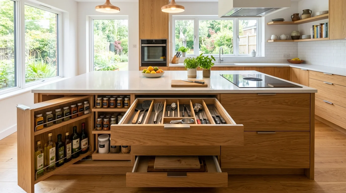 A kitchen island with hidden pull out storage compartments bright lighting practical and organized cooking space no people
