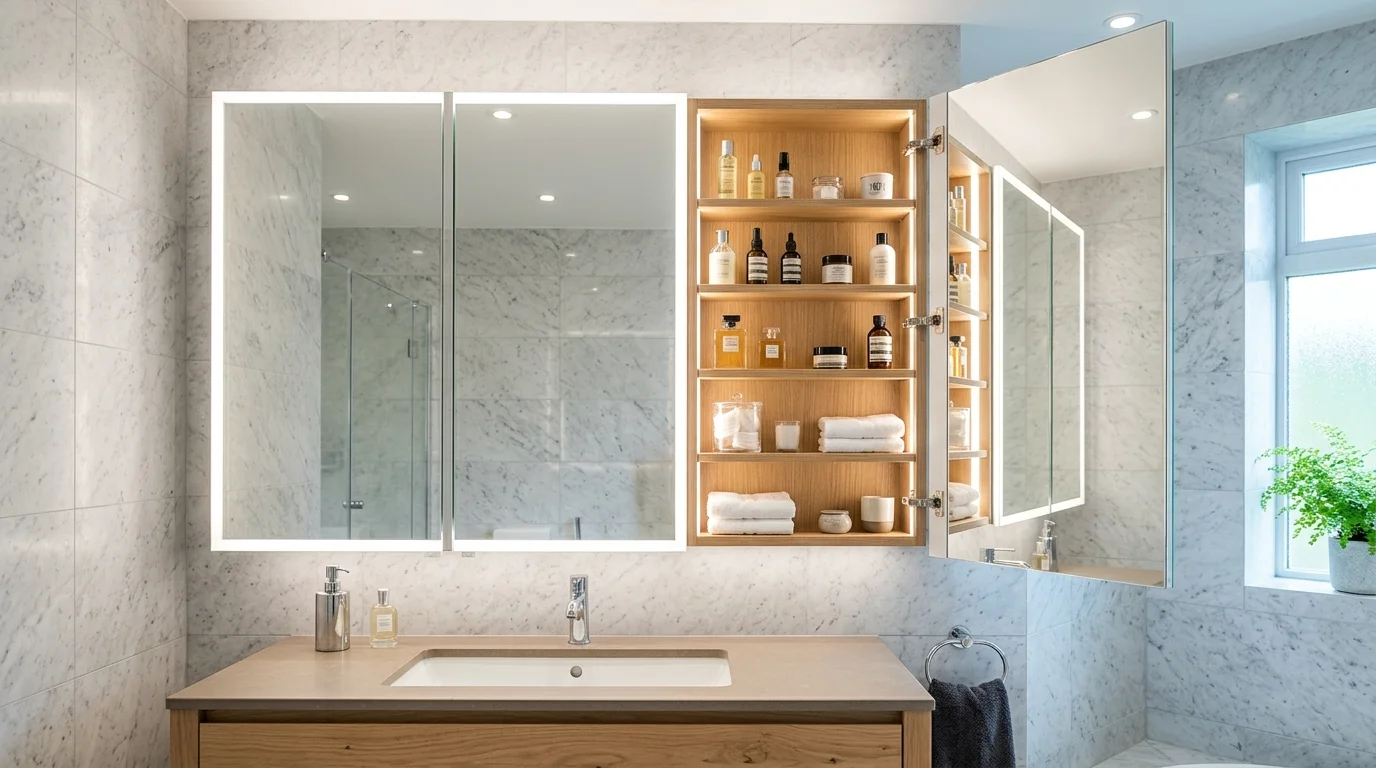 A bathroom mirror cabinet with hidden shelves behind it bright lighting sleek concealed storage no people