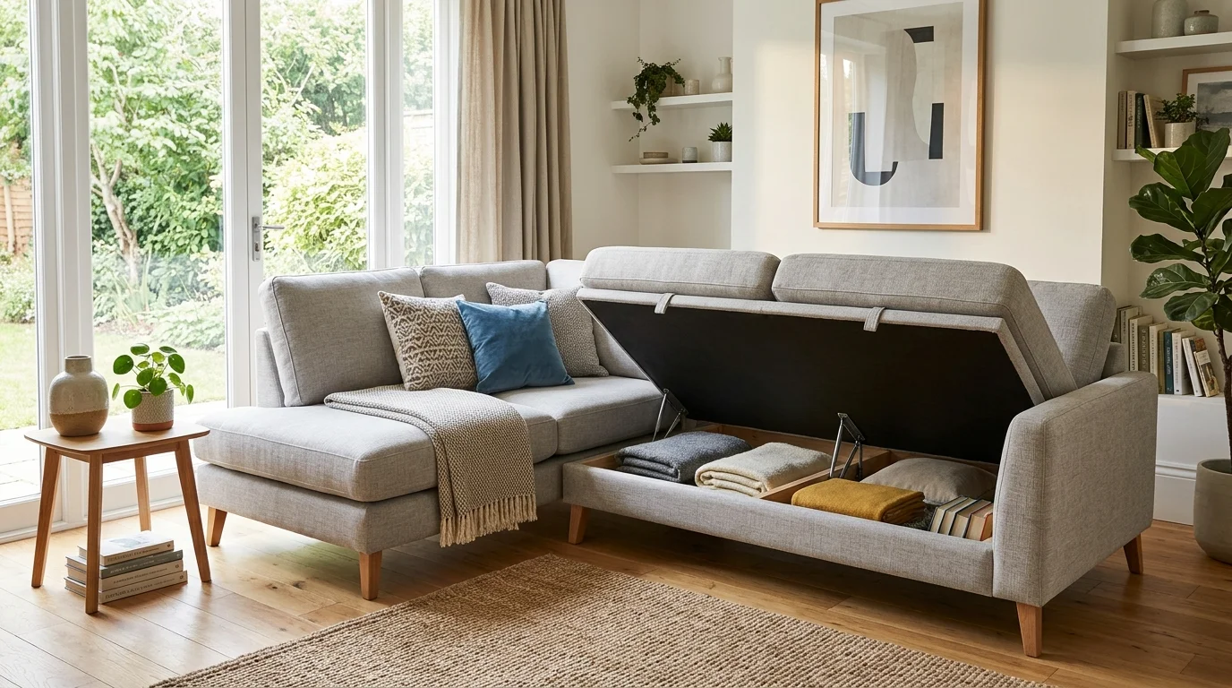 A sofa with built in storage under the cushions bright natural light clever multifunctional furniture no people