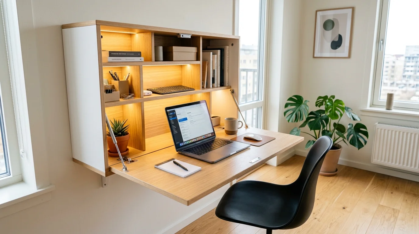 A wall mounted desk that folds down and hides storage inside bright lighting compact hidden workspace no people