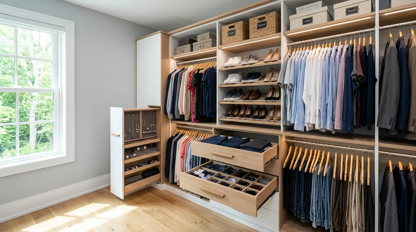 A closet with hidden compartments and pull out organizers bright natural daylight streamlined storage system no people