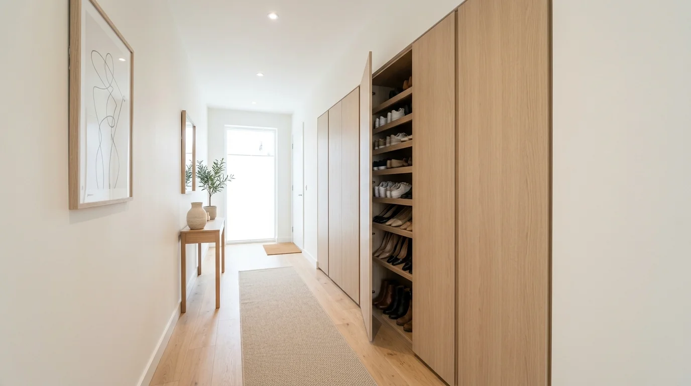 A hallway with a hidden shoe cabinet integrated into the wall bright lighting clean uncluttered look no people