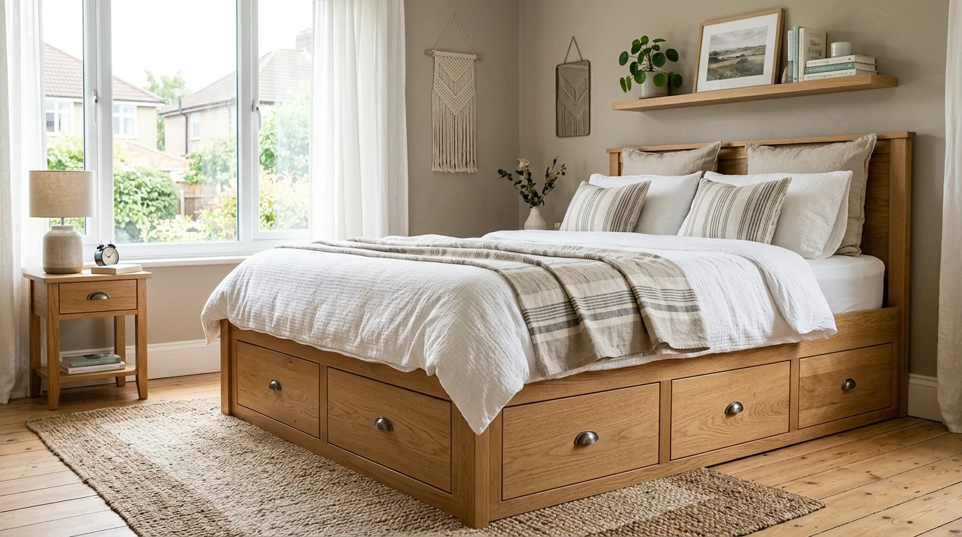 A bed frame with built in drawers along the sides bright natural light practical hidden bedroom storage no people
