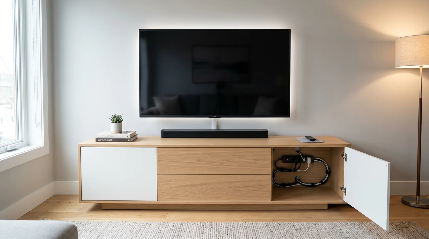 A TV console with concealed compartments and cable management bright lighting tidy entertainment setup no people