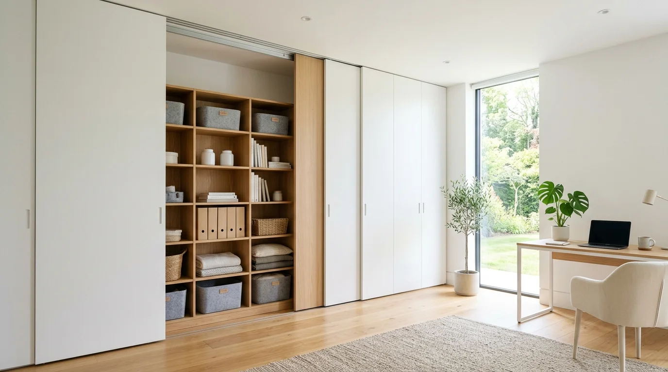 A room with hidden storage behind sliding panels bright natural daylight modern minimalist organization
