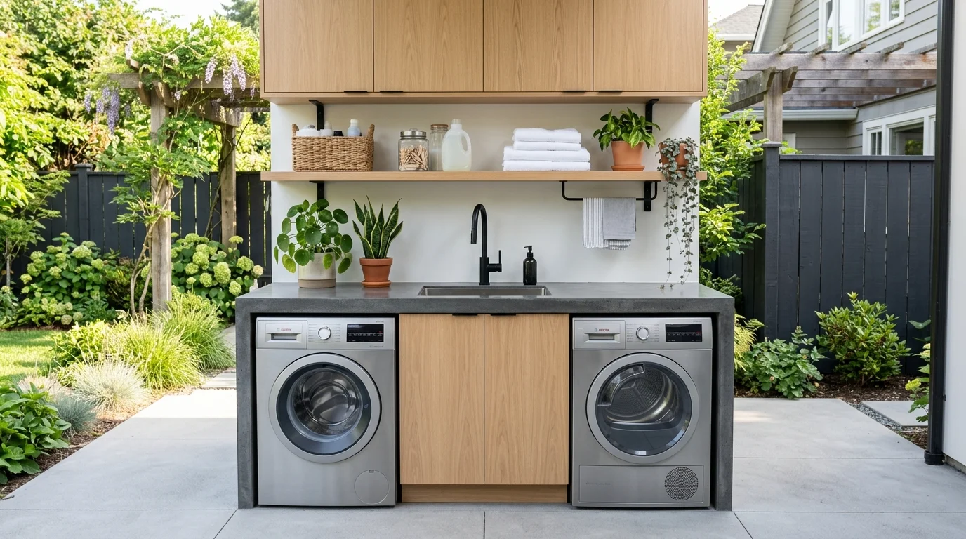A modern backyard laundry station with sleek concrete countertops, stainless steel sink, hidden storage cabinets, black matte fixtures, potted plants, neutral color palette, clean minimalist styling, bright morning light, straight-on eye-level camera angle, no people