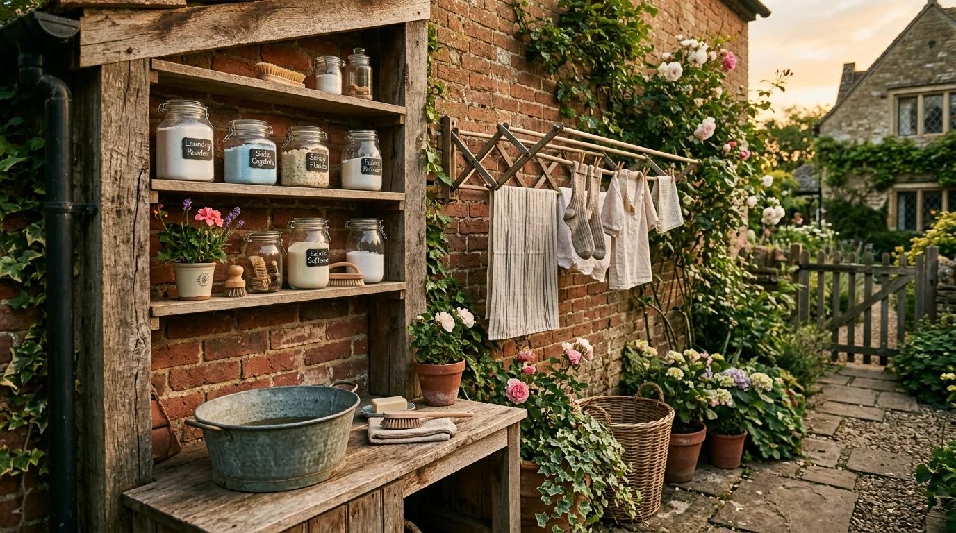 A compact outdoor laundry nook built against a brick wall with open wooden shelves holding detergent jars, hanging drying rack, vintage metal basin, cozy cottage vibe, soft shadows, golden hour lighting, side perspective shot, no people
