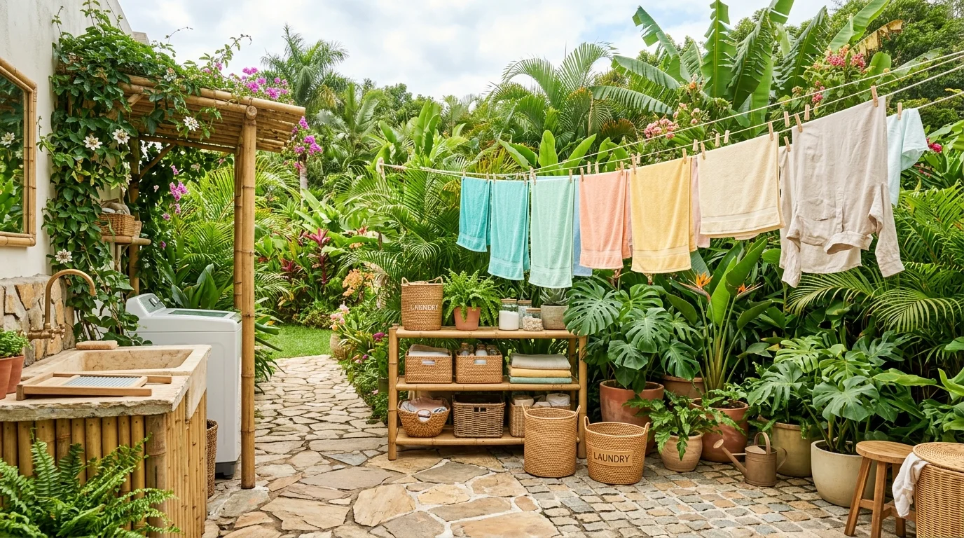 A tropical-inspired outdoor laundry area with bamboo shelving, large leafy plants, rattan baskets, pastel towels hanging on a clothesline, textured stone flooring, vibrant green tones, bright diffused sunlight, wide-angle shot, no people