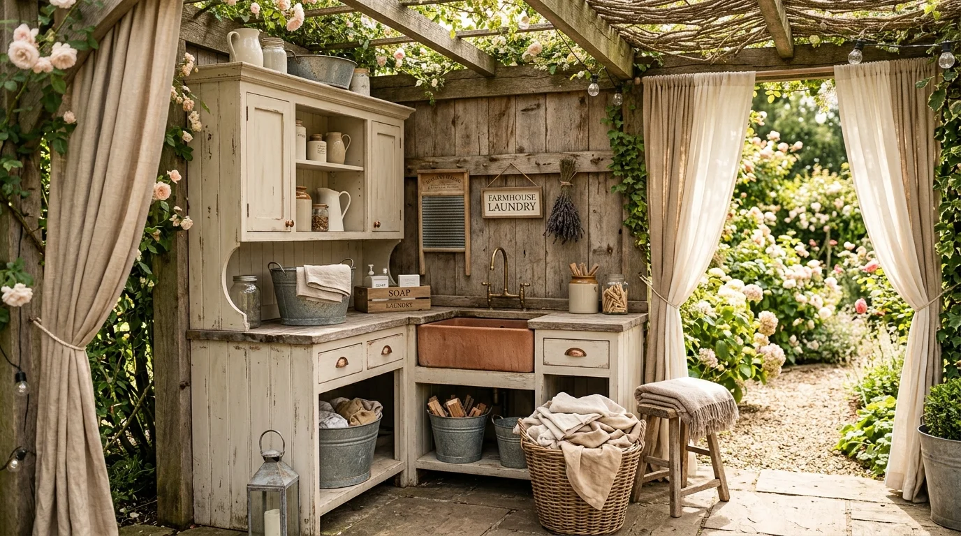 A farmhouse-style backyard laundry corner with distressed wood cabinets, galvanized metal buckets, vintage washboard decor, linen curtains, soft beige and cream tones, natural sunlight filtering through, cozy atmosphere, angled shot, no people