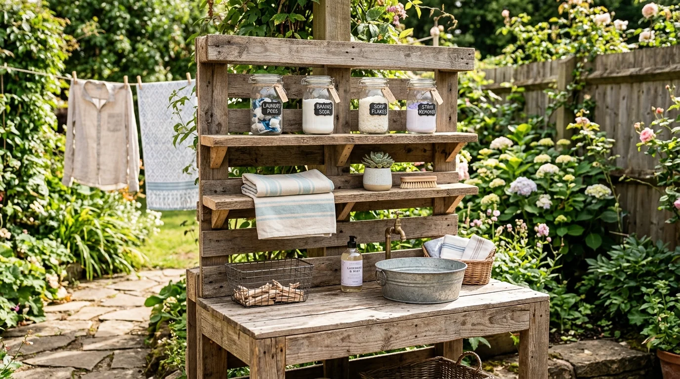 A DIY pallet laundry station with reclaimed wood shelves, mason jars for supplies, rustic textures, soft pastel accents, greenery in the background, sunny outdoor setting, casual relaxed vibe, slightly elevated camera angle, no people