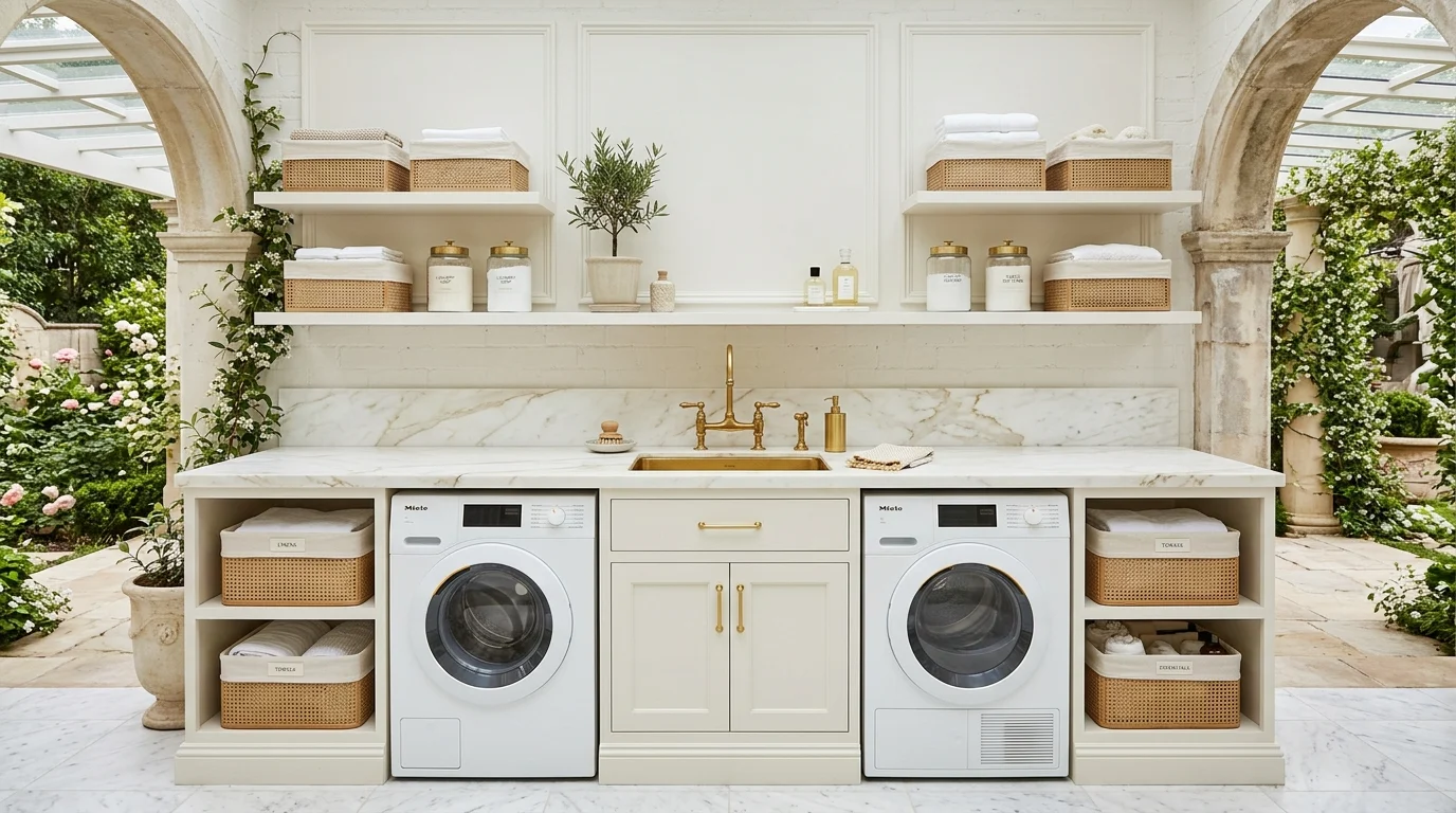 A luxury outdoor laundry setup with marble countertop, gold fixtures, built-in sink, elegant storage baskets, white and cream palette, polished finish, bright natural lighting, clean symmetrical composition, no people