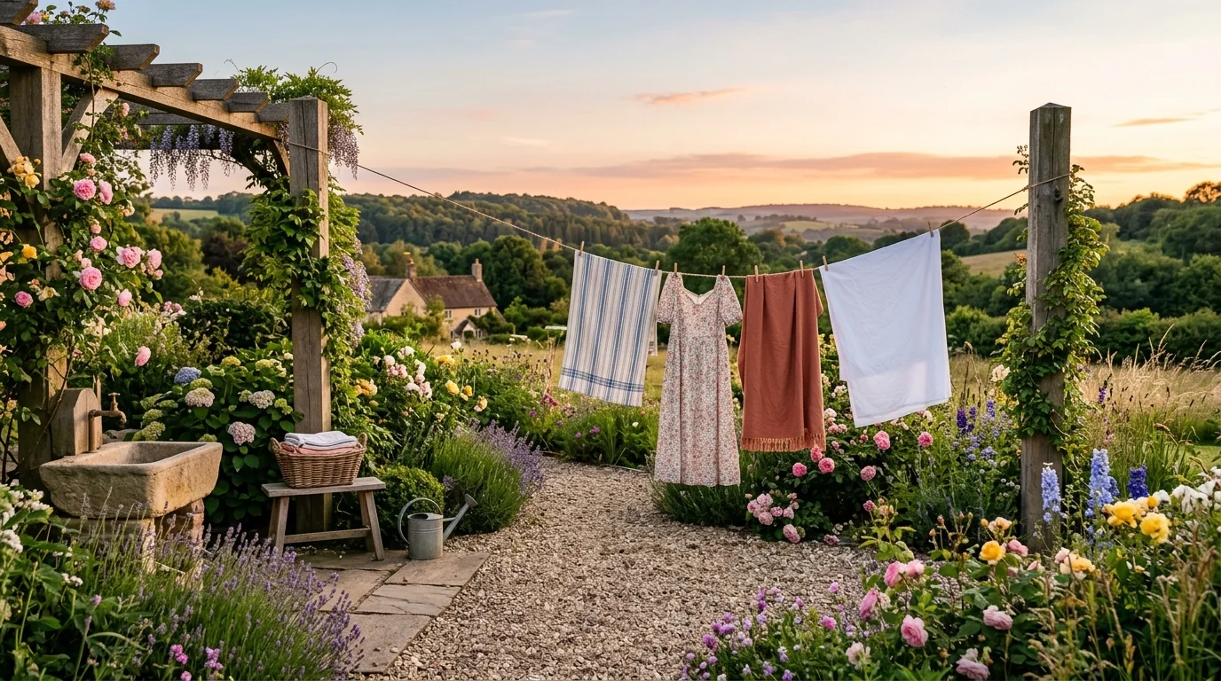 A garden-integrated laundry space with clothesline between wooden posts, flowering plants, gravel flooring, soft colorful fabrics hanging, serene nature backdrop, warm sunset lighting, wide landscape shot, no people