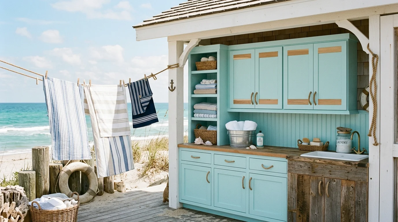 A coastal-themed outdoor laundry area with light blue cabinets, white wooden panels, rope details, striped fabrics drying, sandy textures, breezy beach-inspired vibe, bright daylight, front angle shot, no people