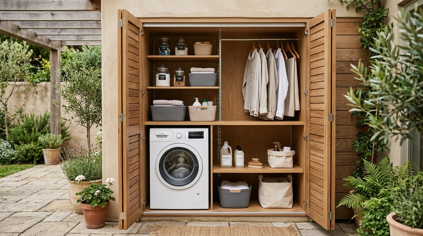 A hidden outdoor laundry cabinet with fold-out doors revealing washer, shelves, and hanging rods, compact design, modern wood finish, clean organization, neutral tones, soft daylight, slightly angled close-up shot, no people