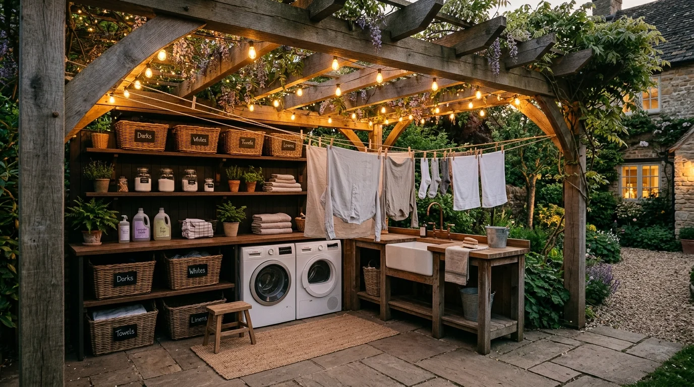 A pergola-covered laundry space with hanging lights, wooden beams, open shelving, neatly arranged baskets and detergents, warm ambient lighting, cozy evening setting, wide-angle shot, no people