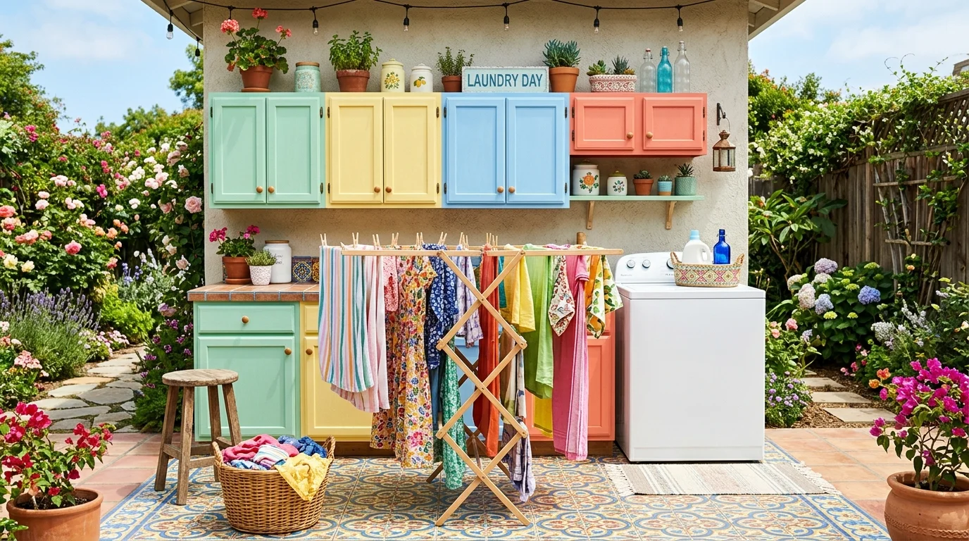 A colorful backyard laundry zone with painted cabinets in pastel hues, patterned tiles, vibrant fabrics on a drying rack, cheerful and lively mood, bright sunlight, straight-on composition, no people