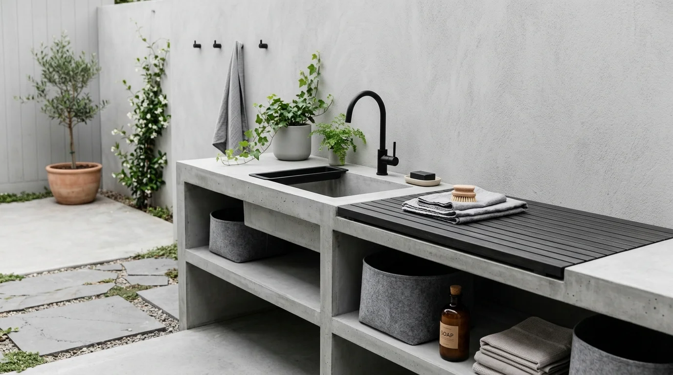 A minimalist outdoor laundry bench with integrated sink, smooth concrete surface, monochrome palette, subtle greenery accents, clean lines, modern aesthetic, soft natural light, low-angle perspective shot, no people