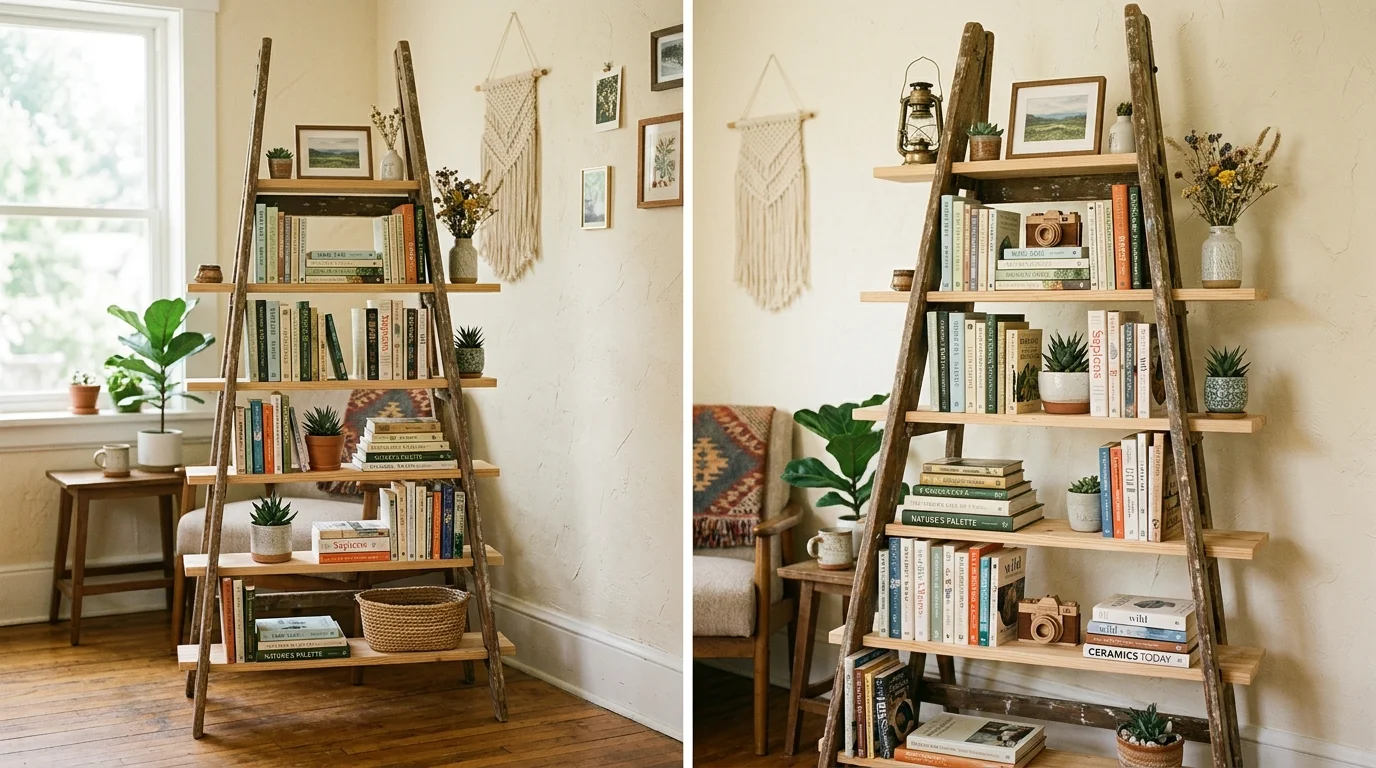 A ladder transformed into a bookshelf with planks added between rungs holding books and decor bright natural lighting creative storage solution no people