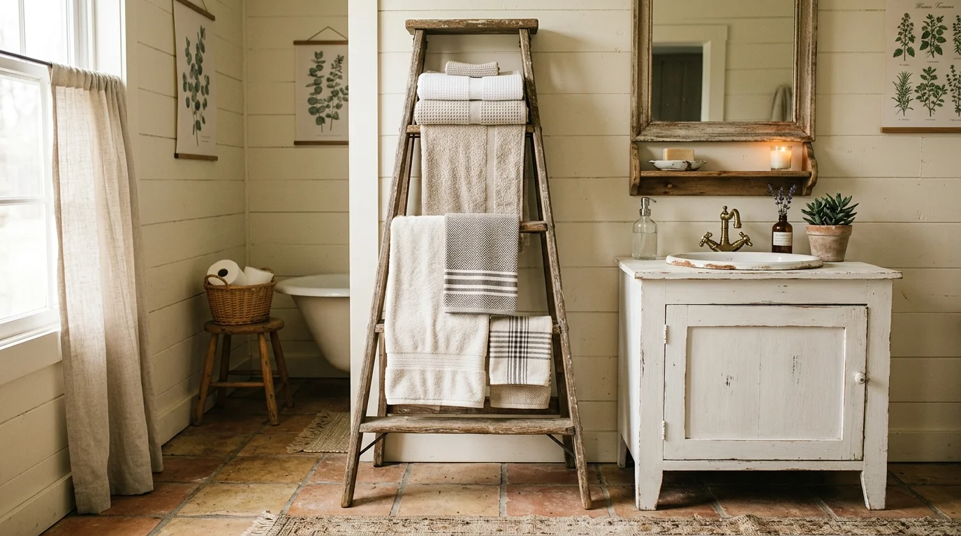 A bathroom with a vintage ladder used to hang towels neatly arranged soft lighting charming farmhouse organization no people