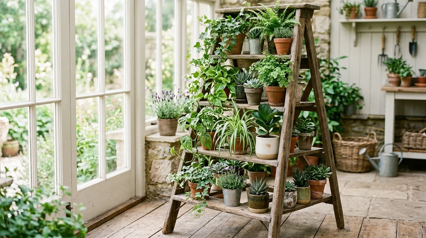 A ladder converted into a plant stand with potted greenery placed on each step bright natural light fresh rustic styling no people
