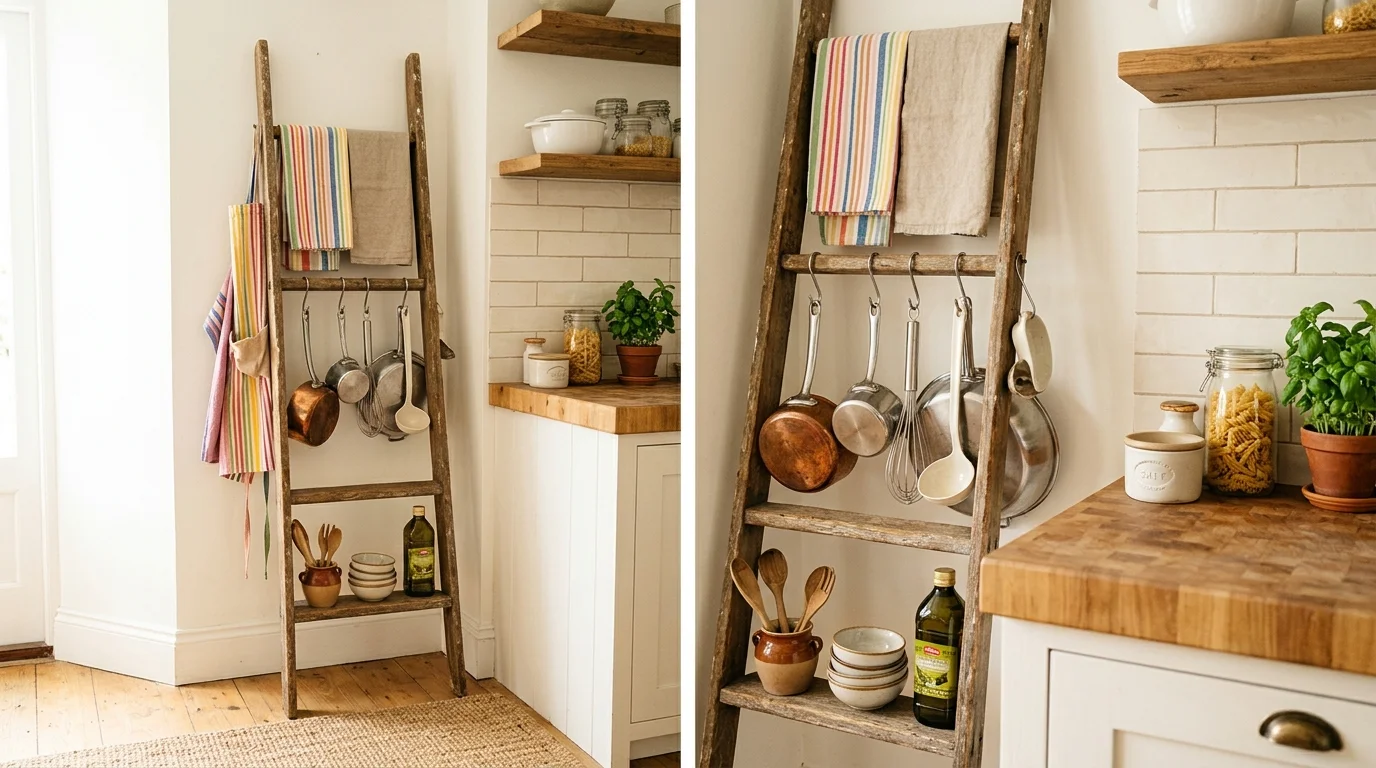 A kitchen corner with a ladder used to hang pots utensils and towels bright lighting functional decorative storage no people