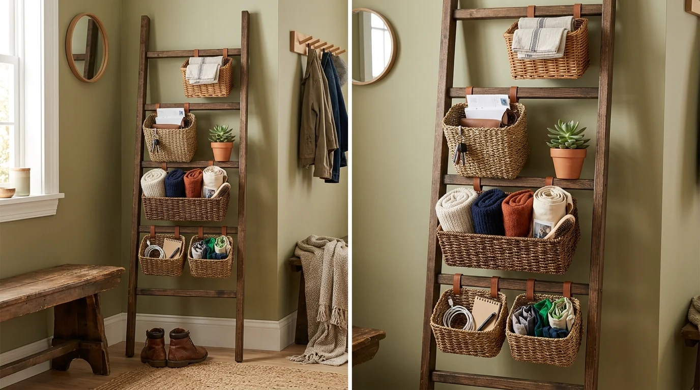 A ladder styled with baskets attached to rungs holding small items and accessories soft lighting practical organized decor no people