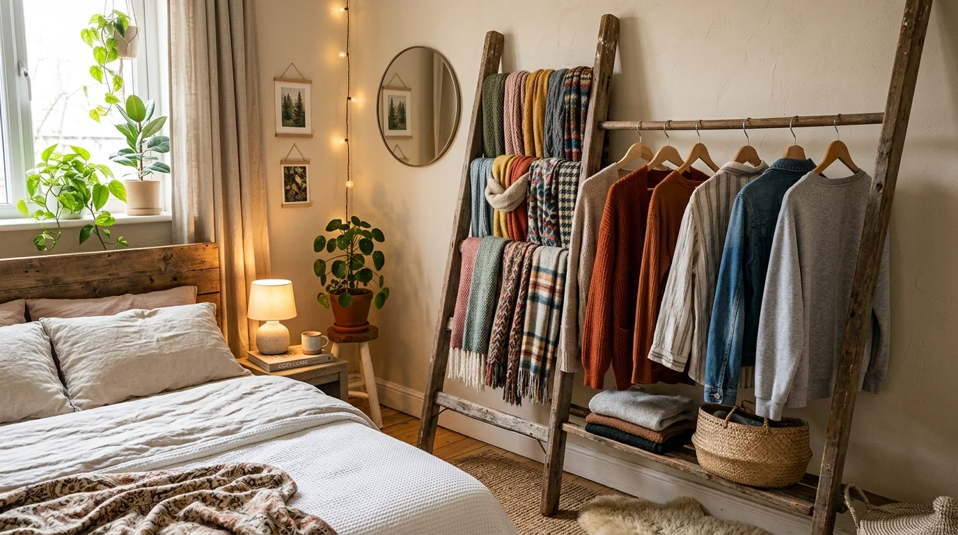 A bedroom with a ladder used as a clothing rack holding scarves and garments warm soft lighting cozy functional design no people