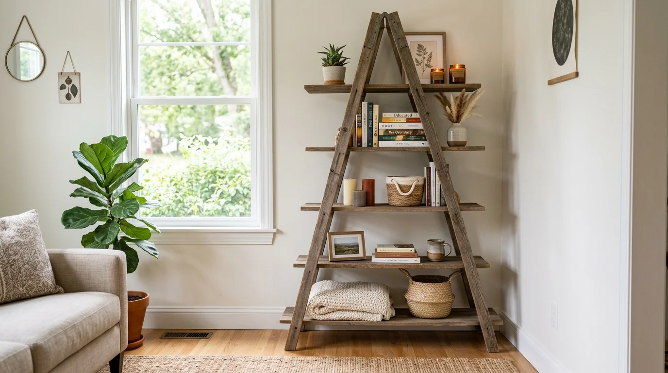A ladder shelf placed in a living room corner displaying candles books and decorative items bright natural lighting chic rustic decor no people