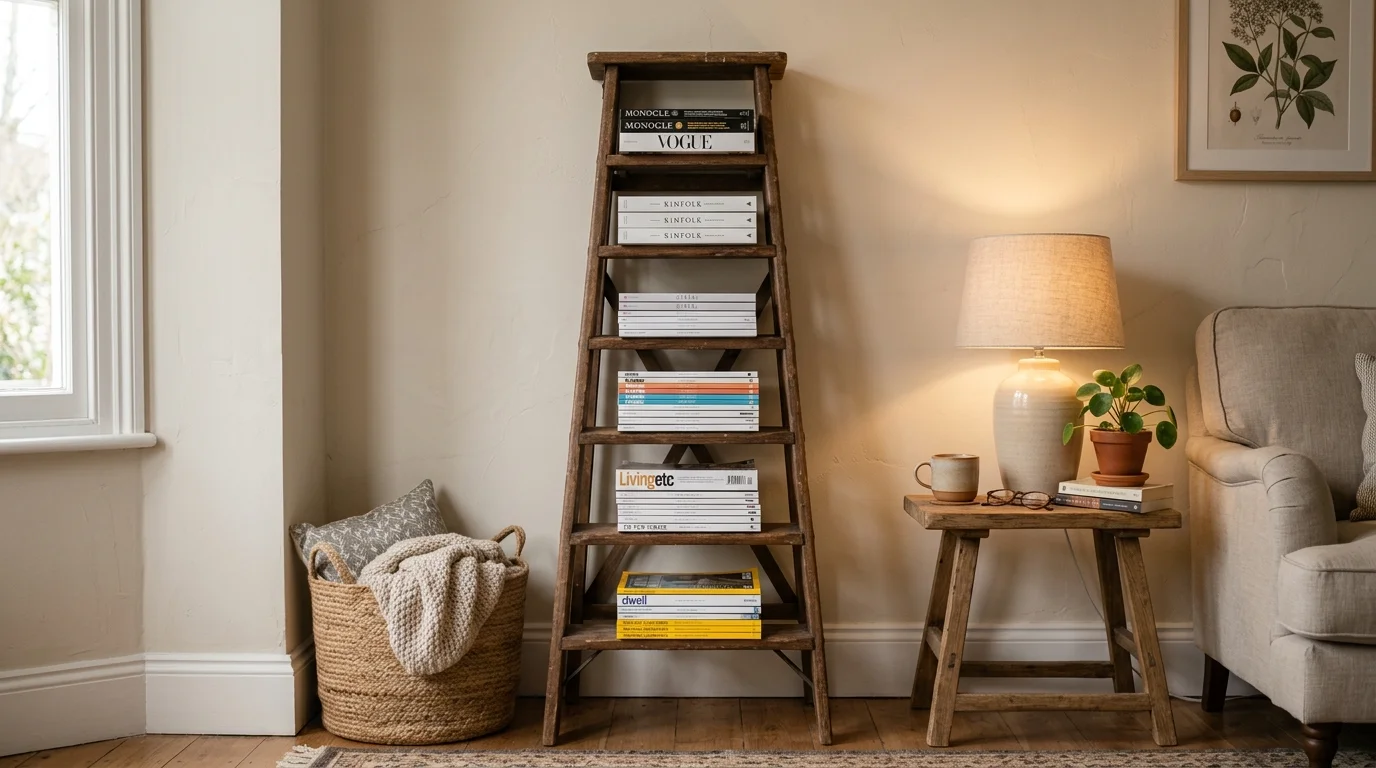 A ladder used as a magazine rack with neatly arranged reading materials soft lighting creative home organization no people