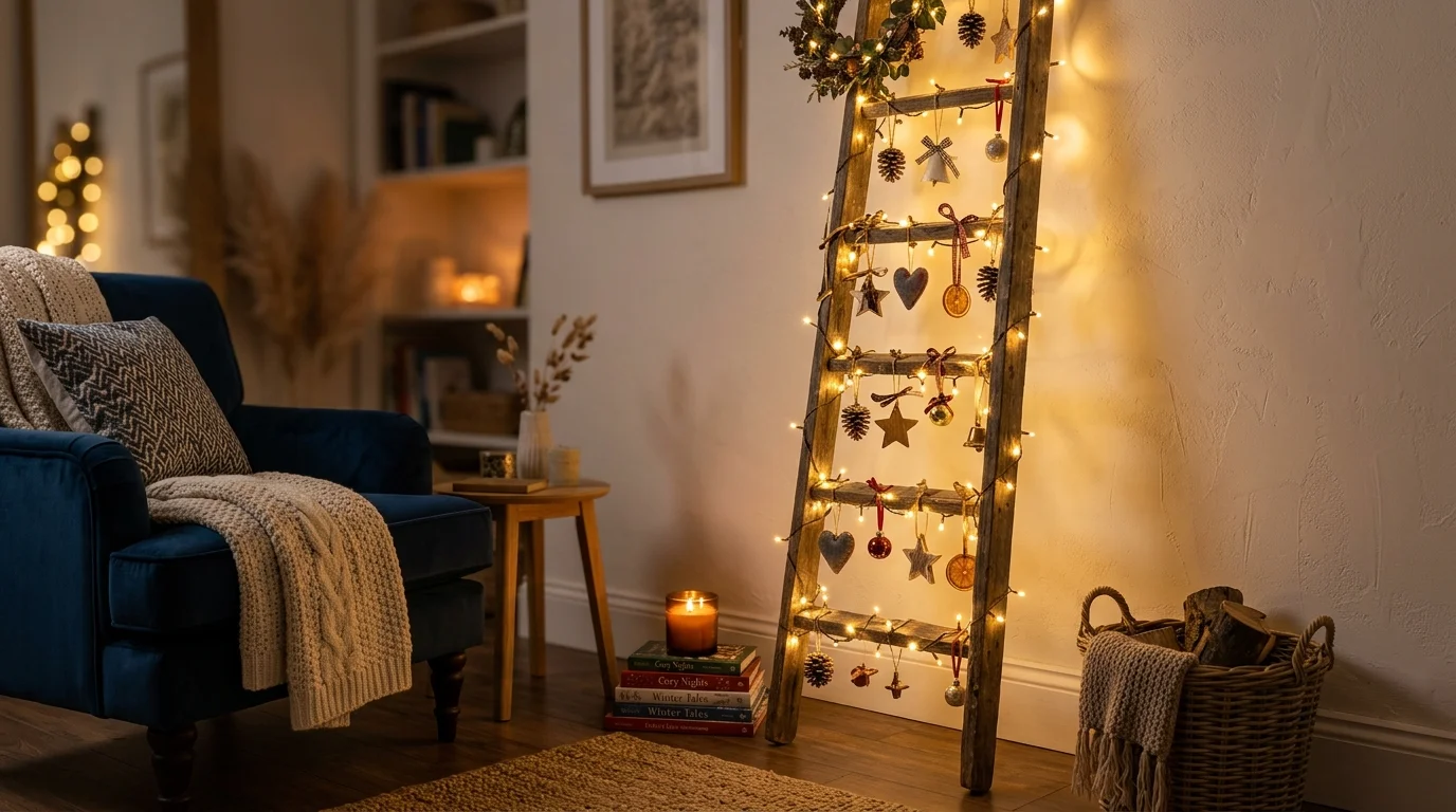 A decorative ladder wrapped with string lights and small ornaments leaning against a wall warm glowing lighting cozy ambiance no people