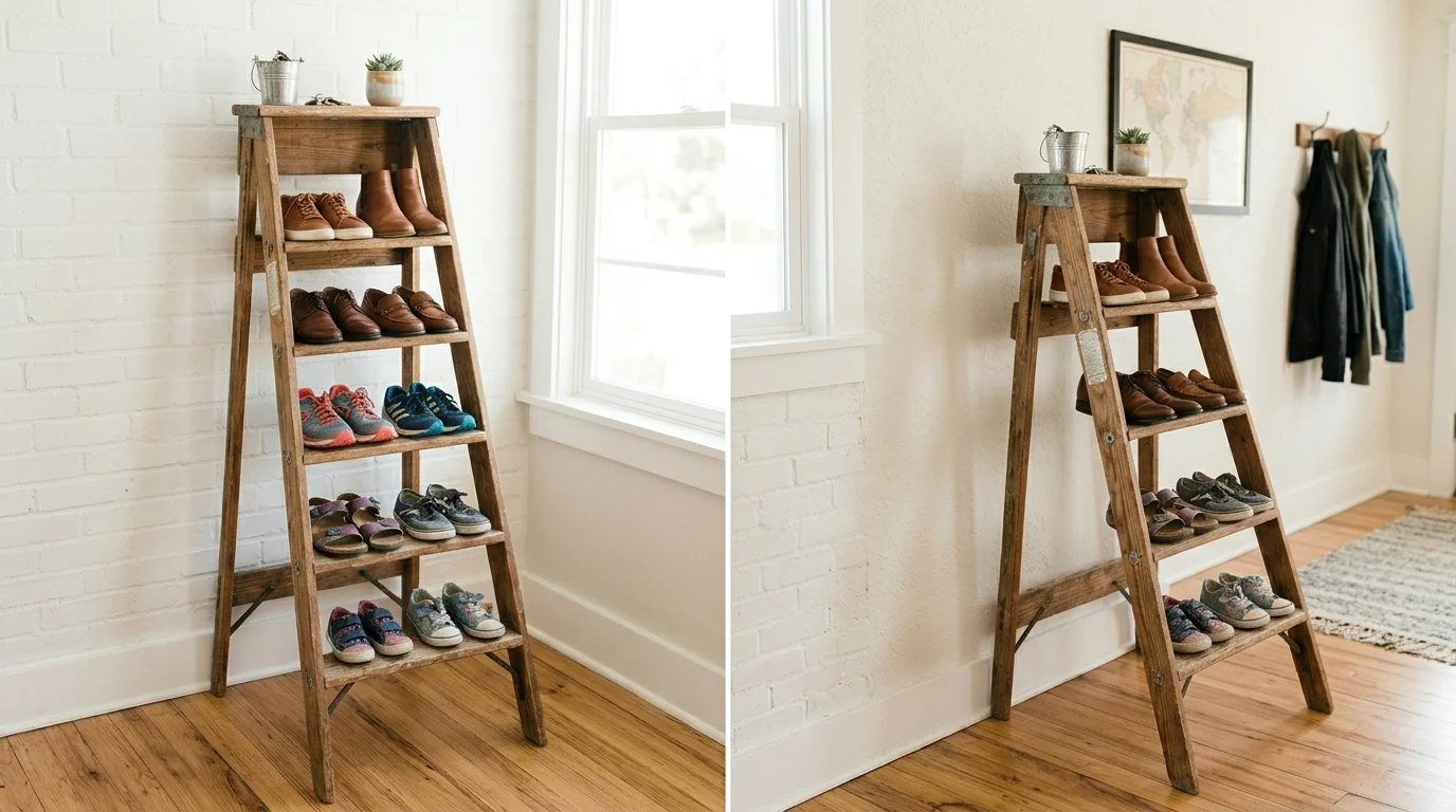 A ladder turned into a shoe rack with shoes neatly placed on each rung bright lighting clever storage solution no people