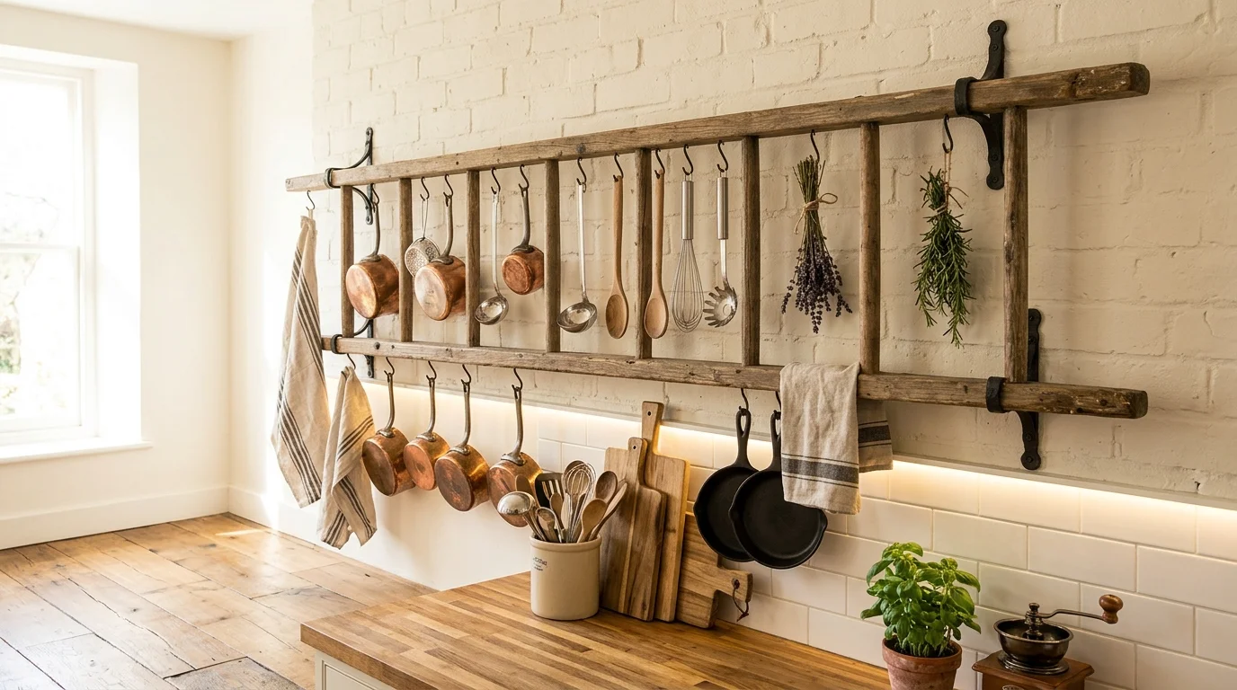 A rustic ladder mounted horizontally on a wall used to hang kitchen tools and accessories bright lighting unique space saving idea no people