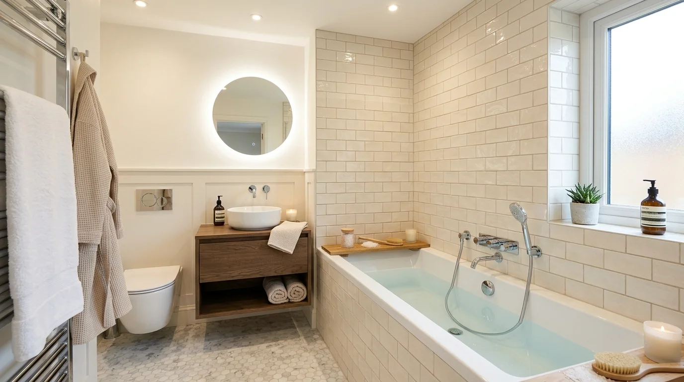 A small bathroom with a deep soaking tub integrated into a corner with tiled walls bright lighting efficient compact luxury design no people